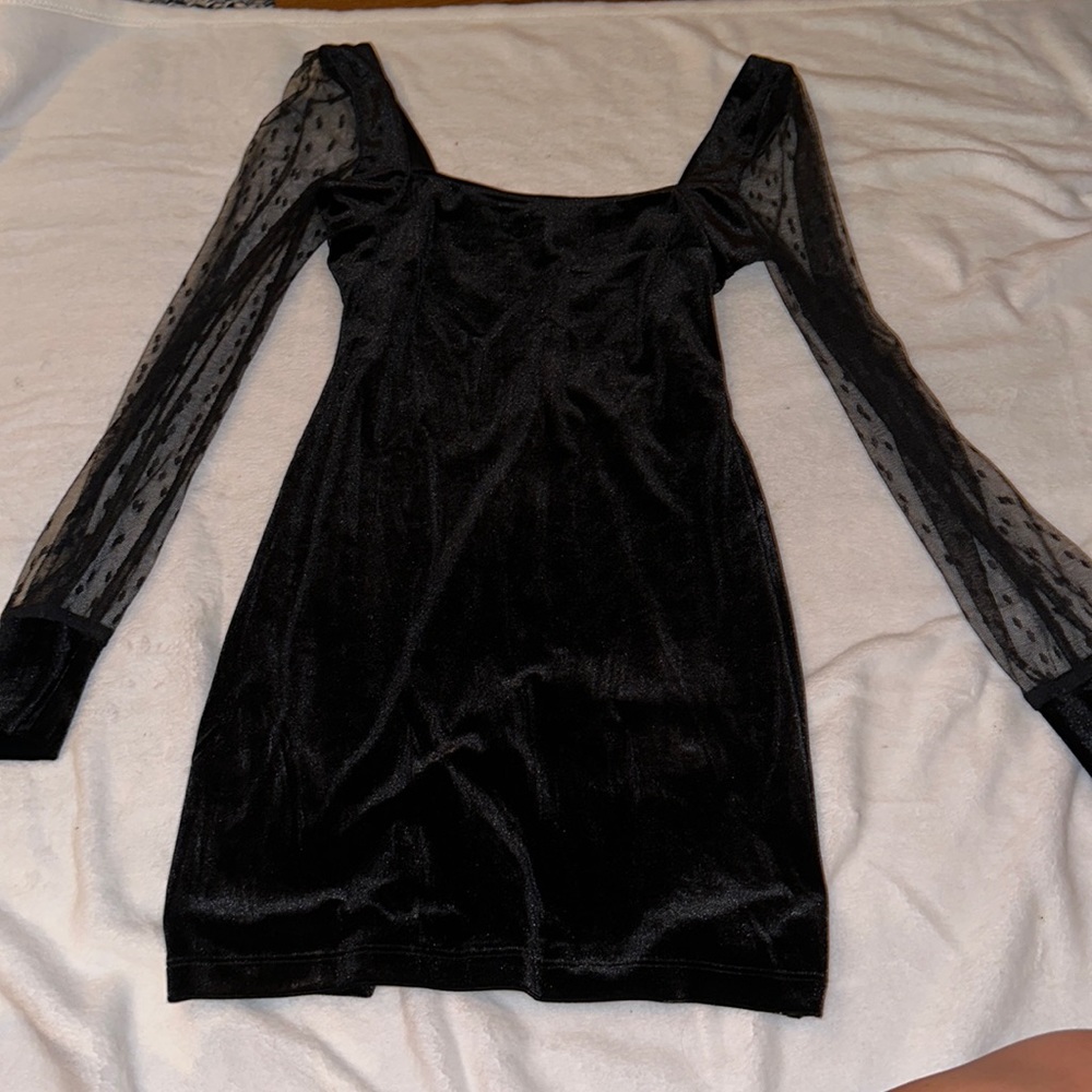 Velvet black dress, sheer arms